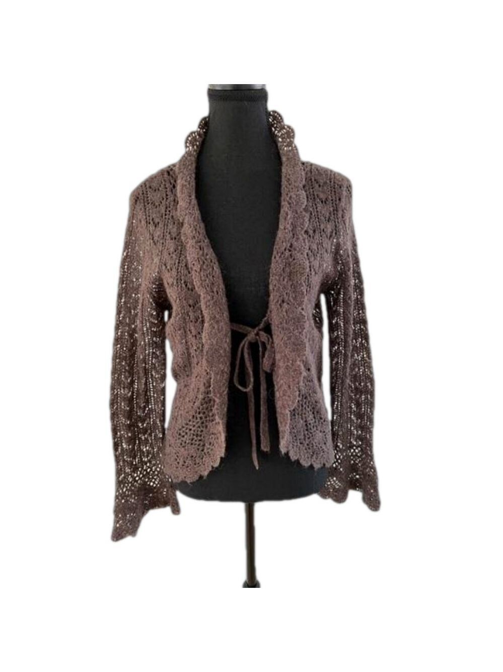 MERCER & MADISON Open Front Cardigan Bell Sleeves Pointelle Knit Alpaca Blend
